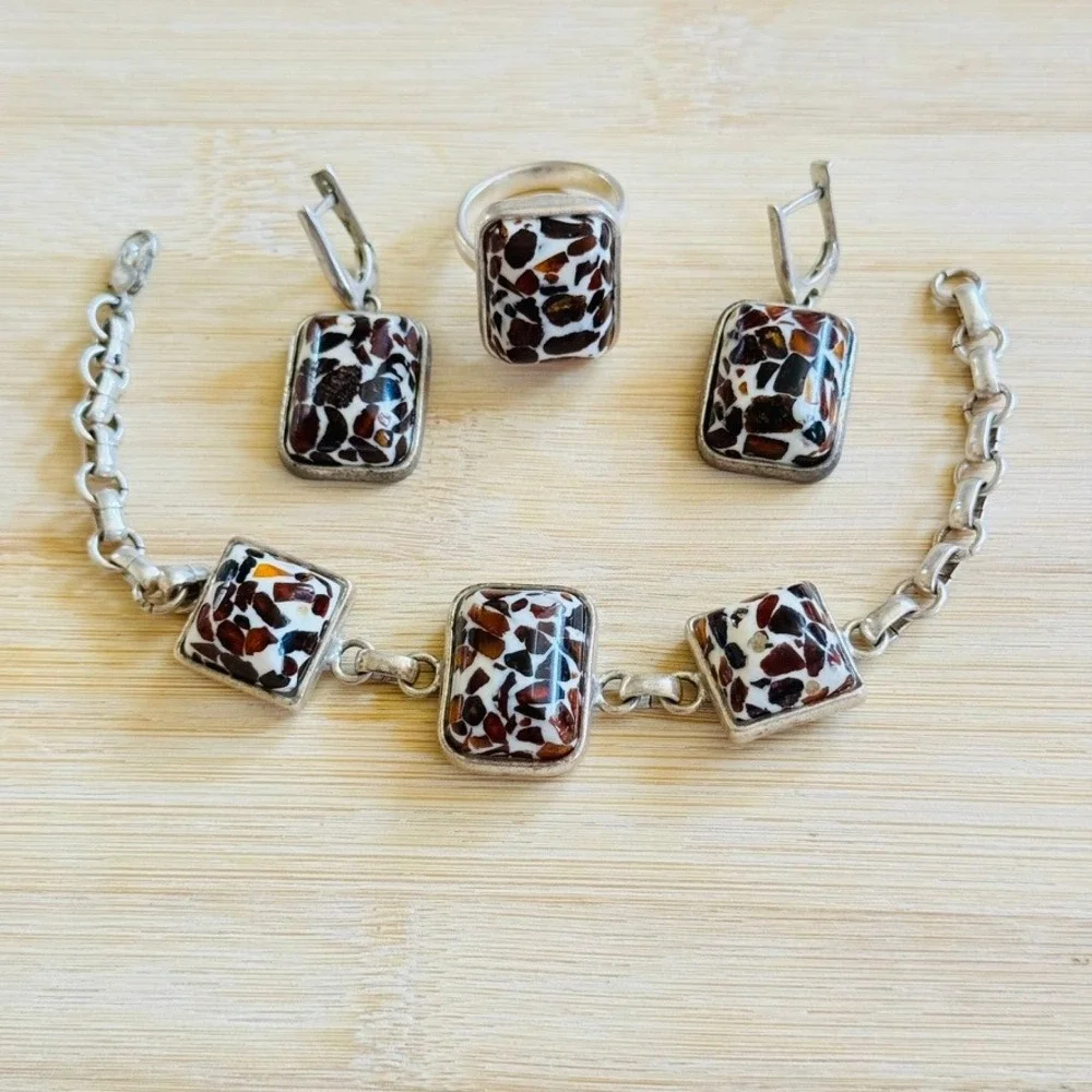 VTG BOHO Amber Matching Set Bracelet Ring Earrings Silver Tone Mosaic Inlaid 90s